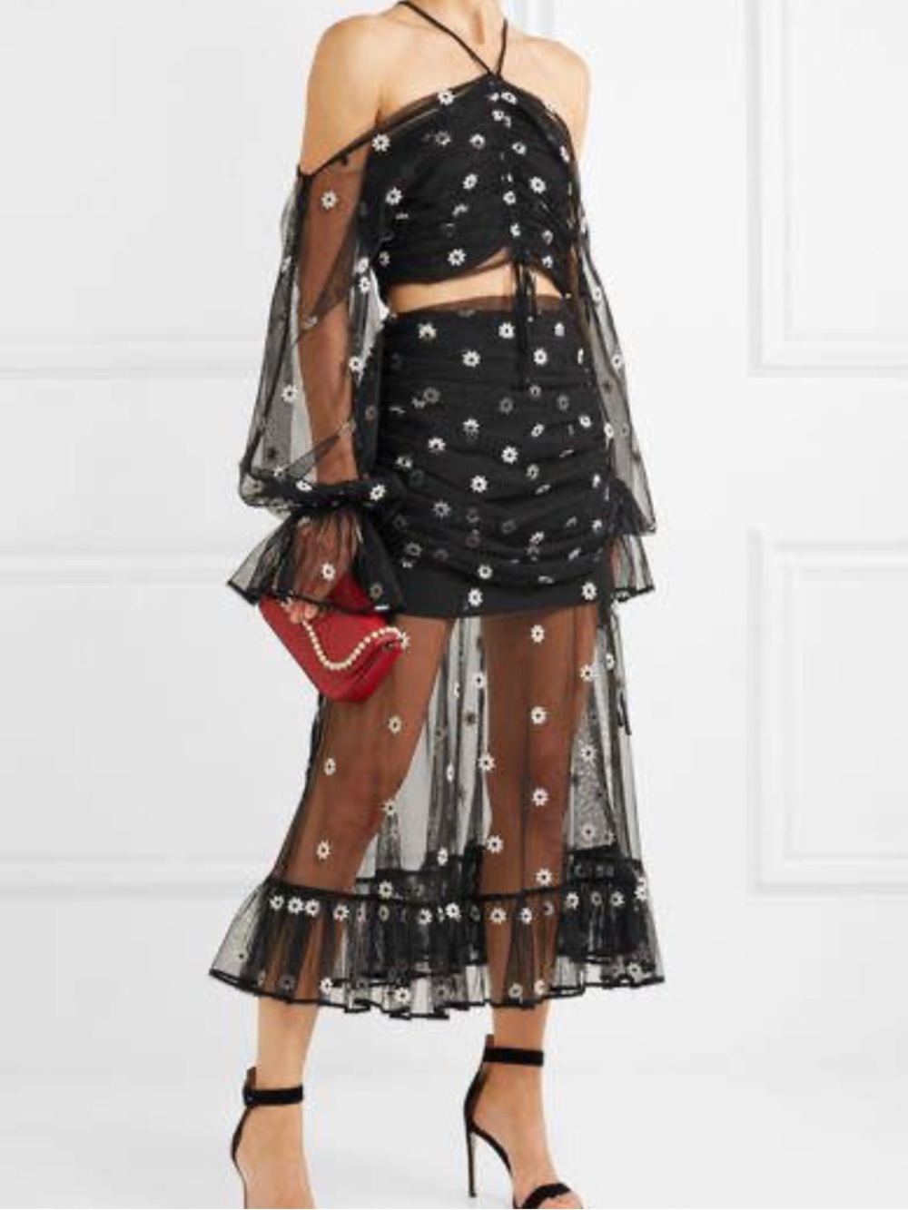 Alice McCall Black Sheer Embroidered Matching Set with High-Low Skirt & Crop Top